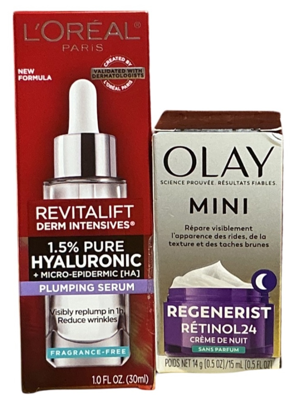 L'Oreal Revitalift Hyaluronic Plumping Serum, Olay Regenerist Retinol24 NIght
